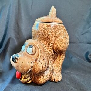 Vintage McCoy Thinking Dog Cookie Jar 0272 USA Brown Puppy Retro Kitchen Pottery